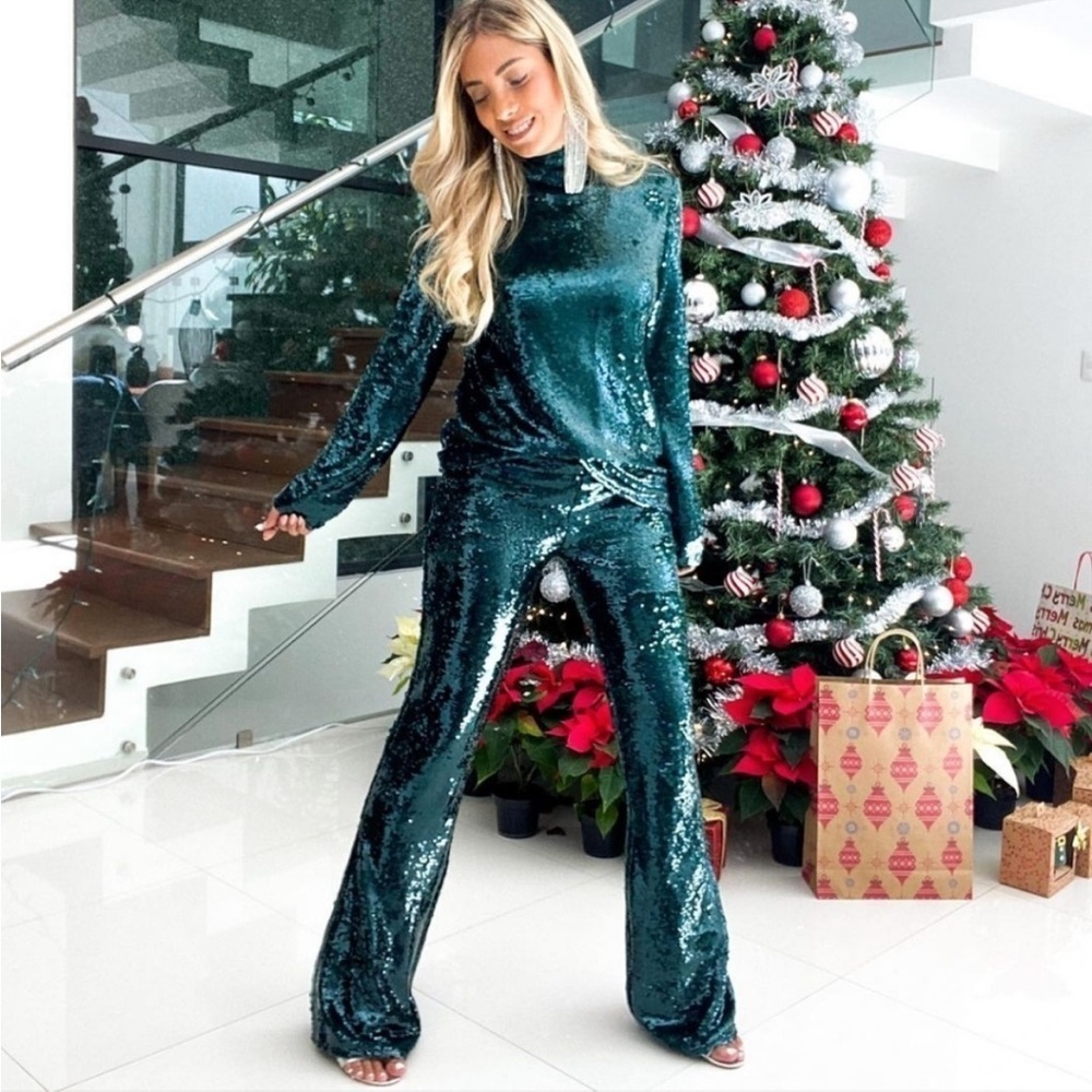 NEW Zara Dark Green Sequin High Rise Flared Pants XL